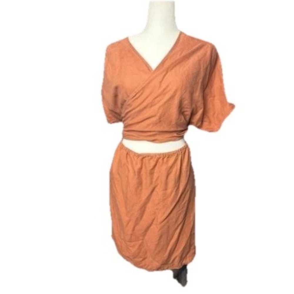 VETTA Rust Linen Tencel Wrap Dress Self‎ Tie Waist Short Sleeve Made USA L